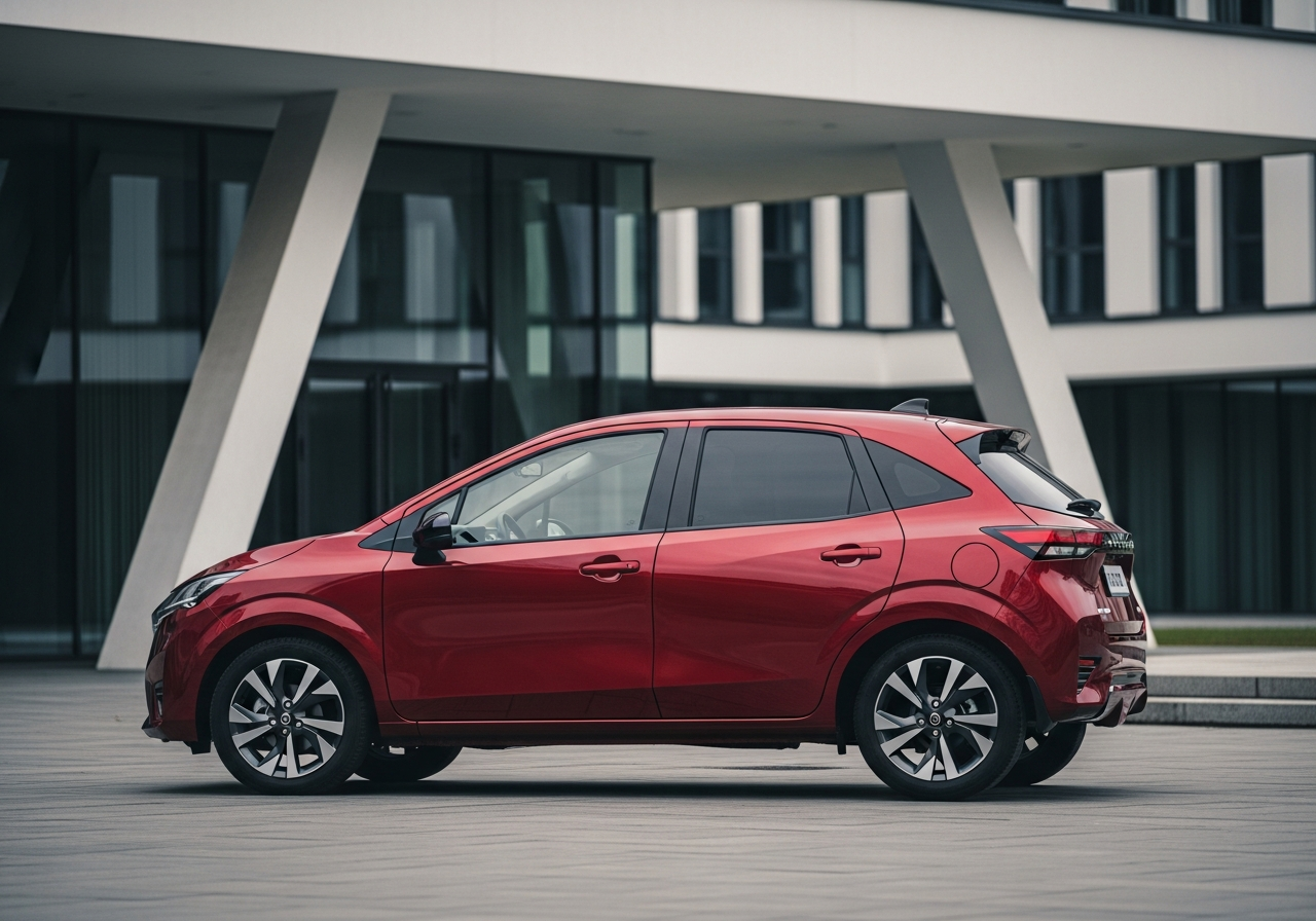 A premium dark grey Nissan Aura G Leather Edition, an upmarket fuel-saving hybrid, parked on a city street.